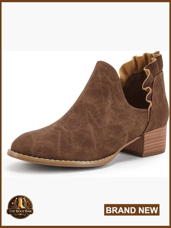 Shoes - Ruffled V Cut Out Pointed Toe Chunky Low Heel Ankle Booties